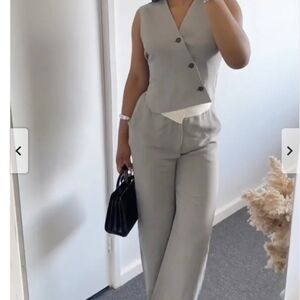 Womens Gray Assymetrical Vest & Wide Leg Pant Set